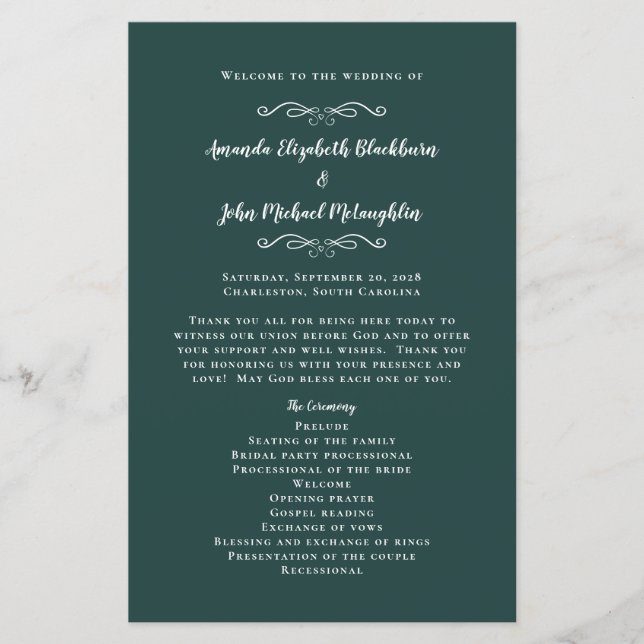 Papier Mariages élégants Émeraude Cérémonie moderne Progr (Devant)