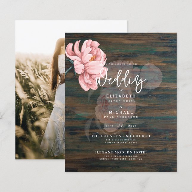 Papier Mariages floraux de pivoines roses modernes Invita (Devant / Derrière)