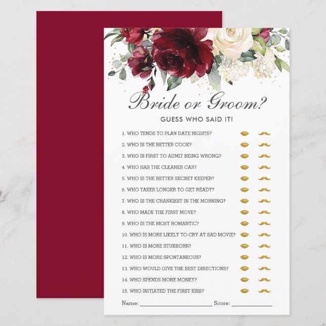 Papier Mariée Florale Bourgogne ou Guess qui l'a dit (Devant / Derrière)