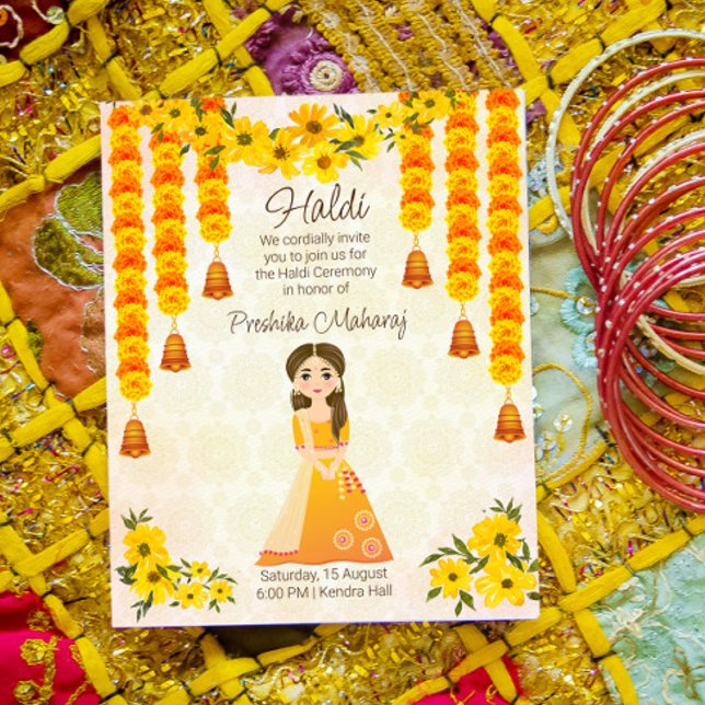 Papier Marigolds mignonne fille indienne Haldi invitation (Créateur téléchargé)