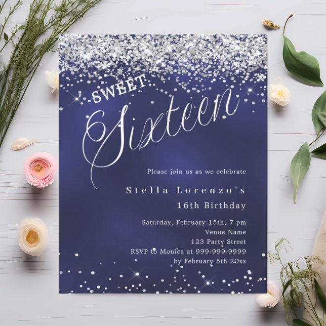 Papier Marine bleu argent script Sweet 16 invitation (Créateur téléchargé)