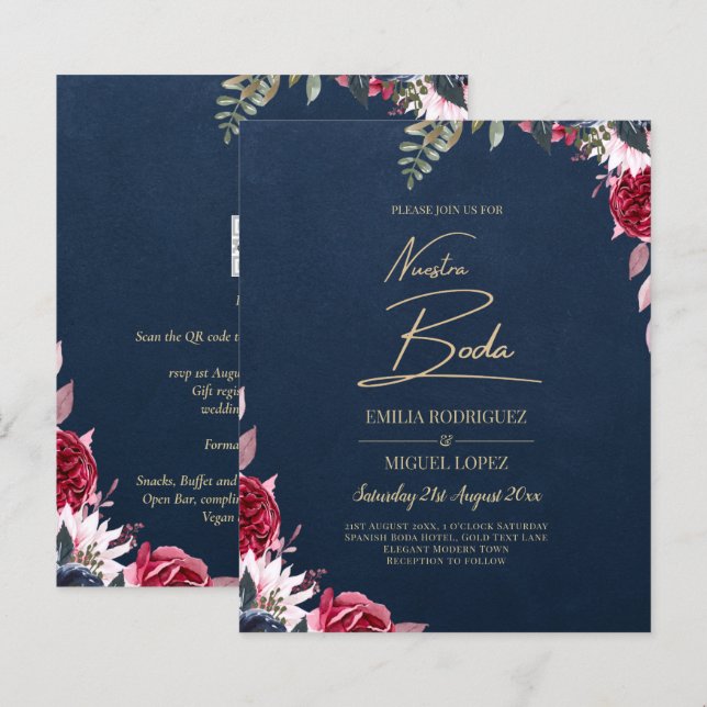 Papier Marine Bleu Berry Floral Bourgogne hiver automne (Devant / Derrière)