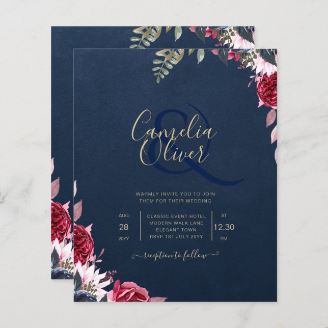 Papier Marine Bleu Berry Floral Bourgogne hiver automne (Devant / Derrière)