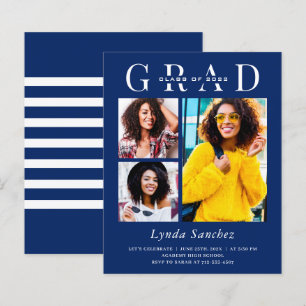 Papier Marine Bleu Blanc 3 Photo Invitations de graduatio