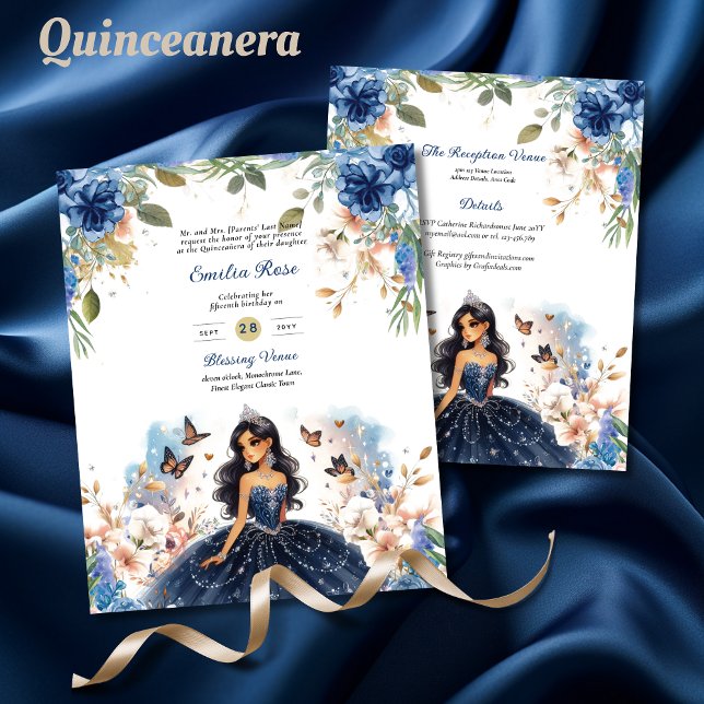 Papier Marine Bleue Quinceanera Robe Papillons Floraux (Créateur téléchargé)