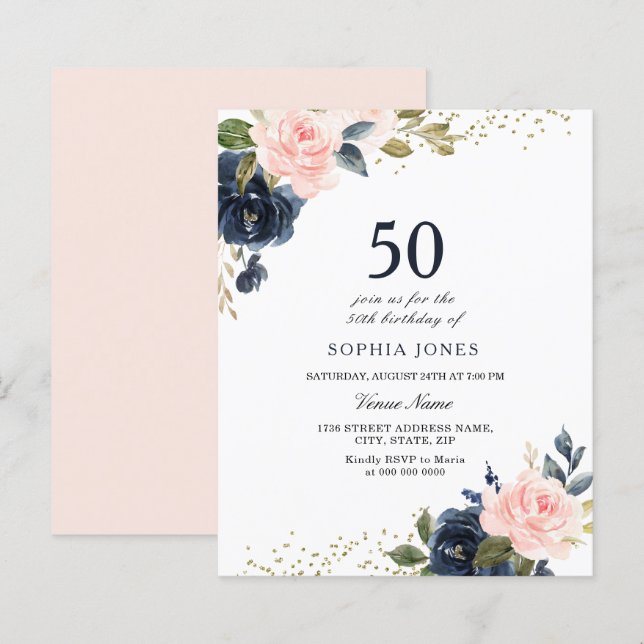 Papier Marine & Blush Budget 50e anniversaire Invitation (Devant / Derrière)