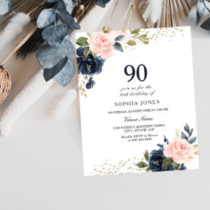 Papier Marine & Blush Budget 90e Invitation d'anniversair