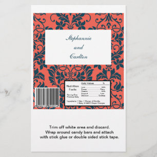 Papier Marine et Coral Mariage damassé Large Barre à sucr