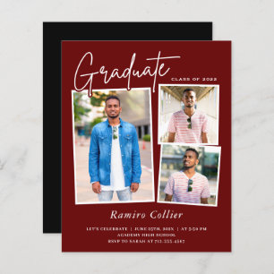 Papier Maroon Red White 3 Photo Graduation Invitation