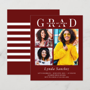 Papier Maroon Red White 3 Photo Graduation Invitations