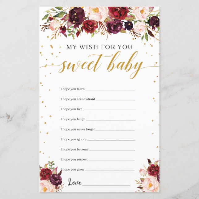 Papier Marsala bordeaux souhaits d'or floral pour le bébé (Devant)