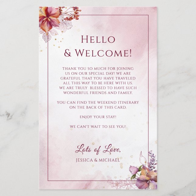 Papier Marsala Floral Élégant Mariage Bienvenue Itinérair (Devant)