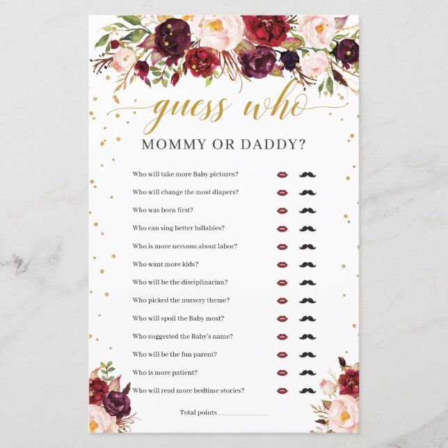 Papier Marsala floral maman ou papa jeu de baby shower (Devant)
