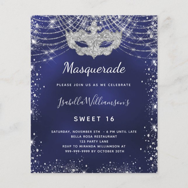 Papier Mascarade bleu marine argent doux 16 invitation (Devant)