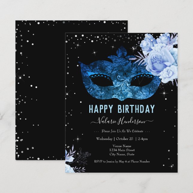 Papier Mascarade bleue Invitation fête d'anniversaire (Devant / Derrière)