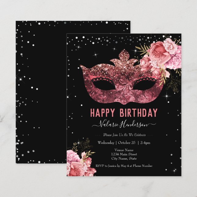 Papier Mascarade rose Invitation fête d'anniversaire (Devant / Derrière)