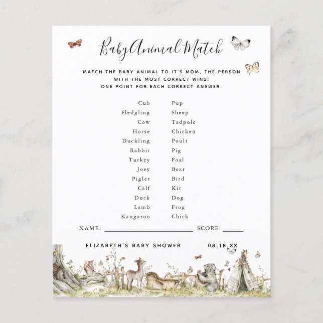 Papier Match animal bébé | Jeu Baby shower (Devant)