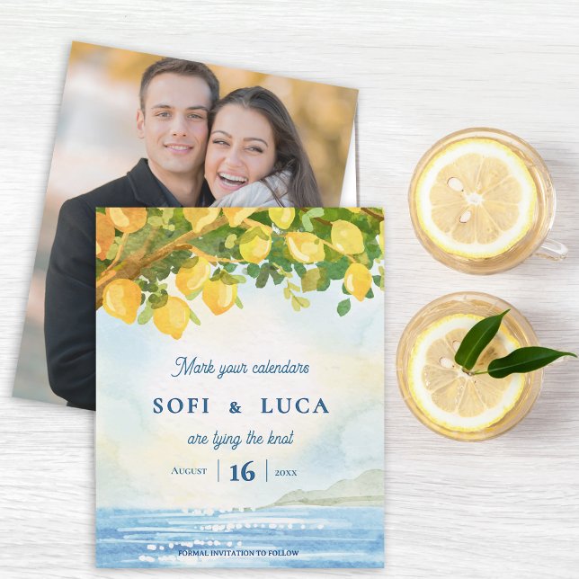 Papier Mediterranean Photo Coastal Wedding Save the Date (Mediterranean Lemon Grove Watercolor Photo Wedding Save the Date | Coastal Destination Wedding )