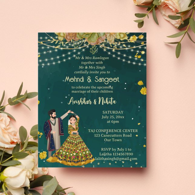 Papier Mehndi sangeet vert invitation du budget du couple (Créateur téléchargé)