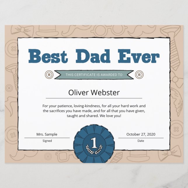 Papier Meilleur papa Jamais Certificat Parent Prix de la  (Devant)