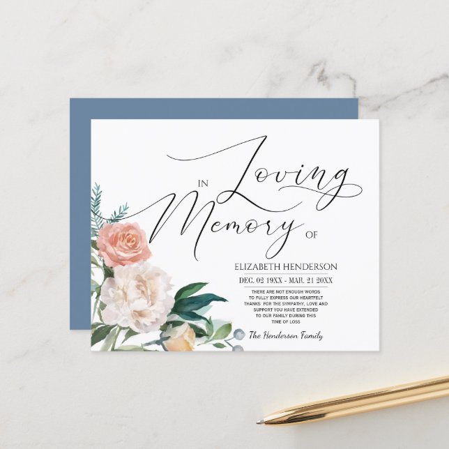 Papier Mémoire de Sympathie Florale Budget/Merci. (Devant/Arrière en situation)