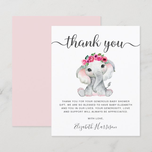 Papier Merci Baby shower rose éléphant (Devant / Derrière)