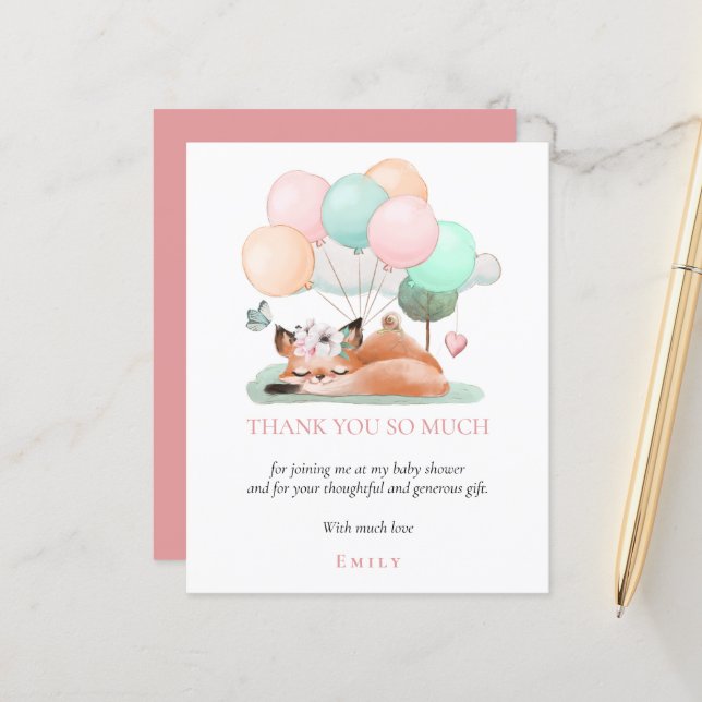 Papier Merci de Baby shower rose de Fox couché budget (Devant/Arrière en situation)