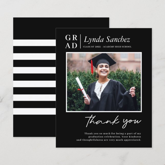 Papier Merci de graduation photo de script noir moderne (Devant / Derrière)