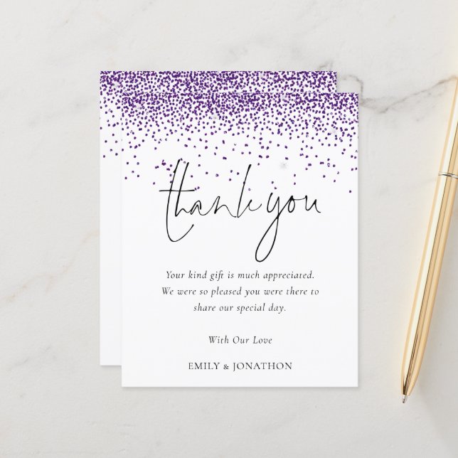 Papier Merci de Mariage de Parties scintillant violet élé (Devant/Arrière en situation)