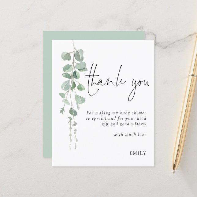 Papier Merci du parti Baby shower Eucalyptus Budget (Devant/Arrière en situation)