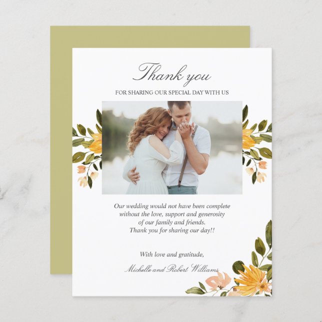 Papier Merci photo à fleurs jaune et vert Mariage (Devant / Derrière)