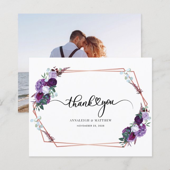 Papier Merci photo de Mariage Floral Purple Budget (Devant / Derrière)