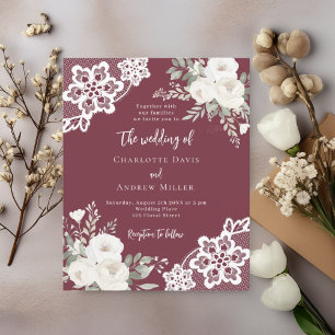 Papier Merlot faire-part de mariage en dentelle blanche b
