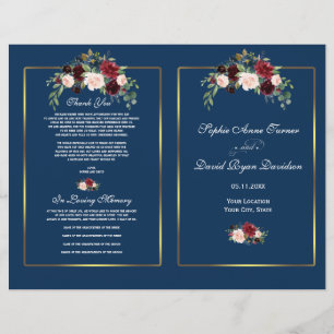 Papier Merlot Floral Navy Blue Gold Frame Wedding Program