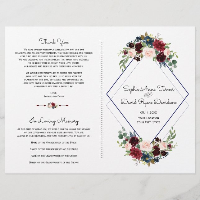 Papier Merlot géométrique Marine Blue Floral Wedding Prog (Devant)