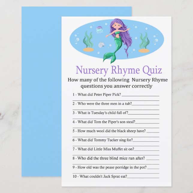 Papier Mermaid Nursery Rhyme Quiz jeu de baby shower (Devant / Derrière)