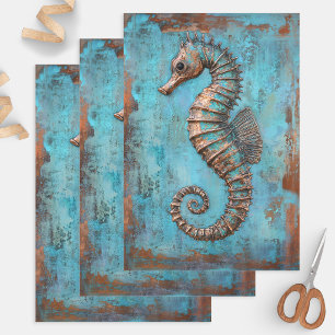 Papier Métal Cuivre Hippocampe Patine en Relief