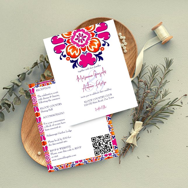 Papier Mexique carreau rose budget mariage inviter tous e (Mexican tile pink orange blue budget wedding printable invitation all in one affordable invitations)