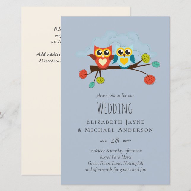 Papier Mignonette OWLS Mariage à thème Bleu orange (Devant / Derrière)