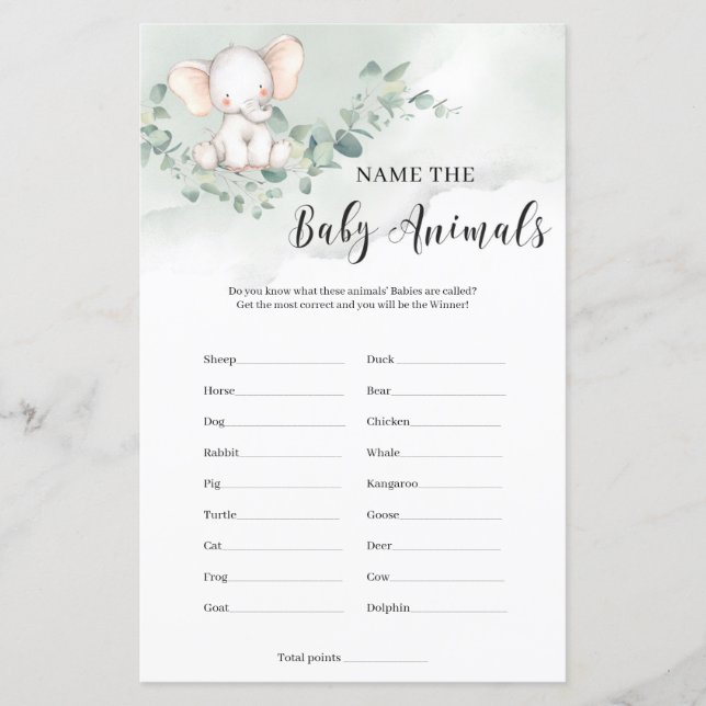 Papier Mignonne éléphant de bébé nom le jeu des animaux d (Devant)