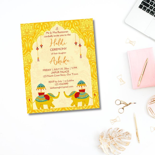Papier Mignons éléphants mariages indiens budget haldi in (Joly Indian wedding elephants yellow oriental pattern background Haldi Budget Invitation)