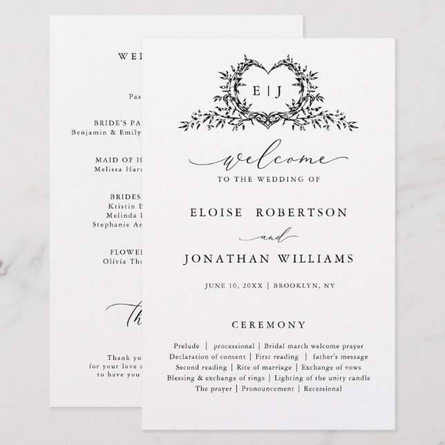 Papier Minimalist Monogram Calligraphy Wedding Program (Devant / Derrière)