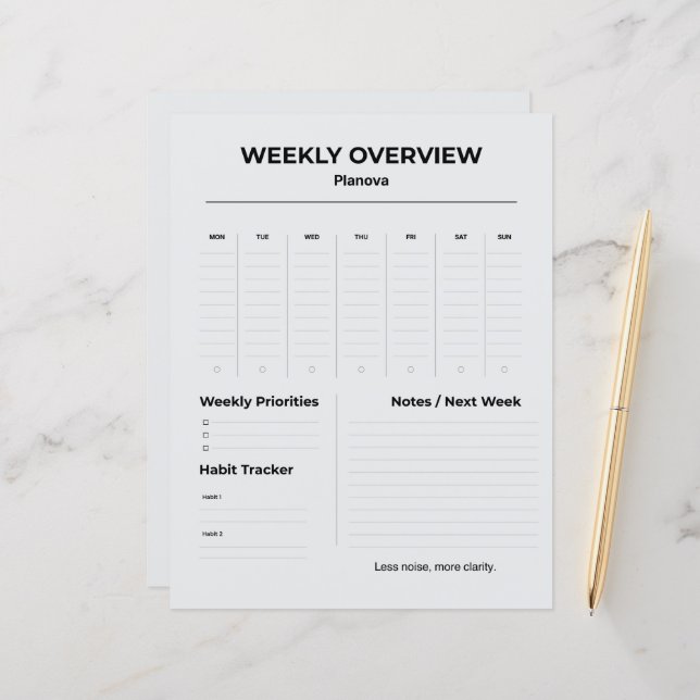 Papier Minimalist Weekly Planner | To Do List organized (Devant/Arrière en situation)