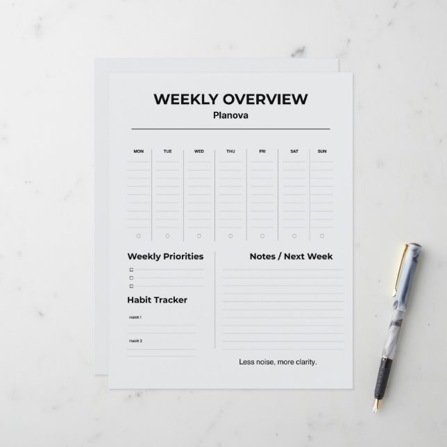 Papier Minimalist Weekly Planner | Weekly Tasks Organizer (Devant/Arrière en situation)