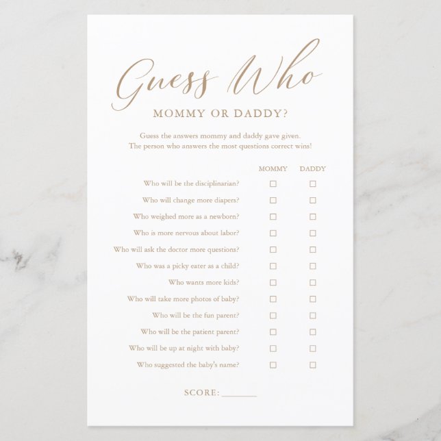 Papier Minimaliste Gold Devinez Qui Maman ou Papa Jeu (Devant)