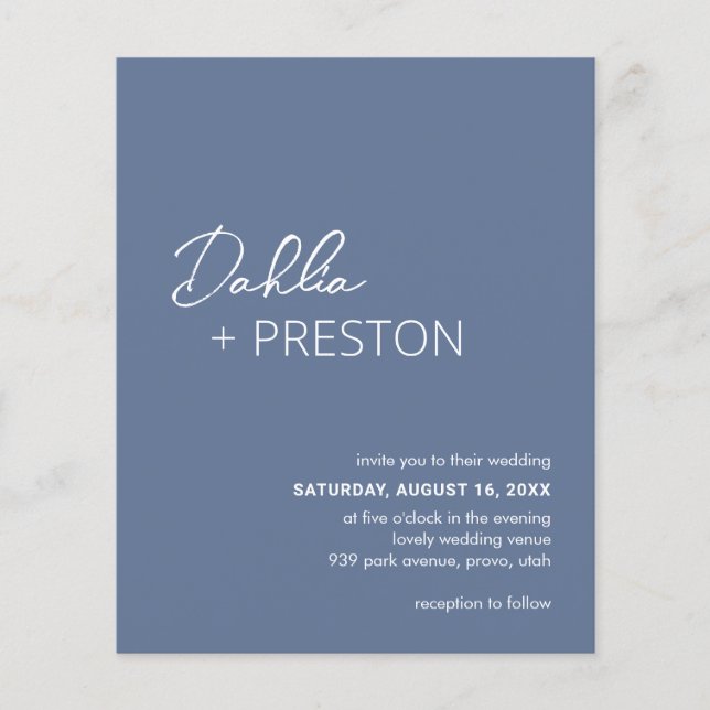 Papier Minimum Dusty Blue Moderne Budget Mariage Invitati (Devant)