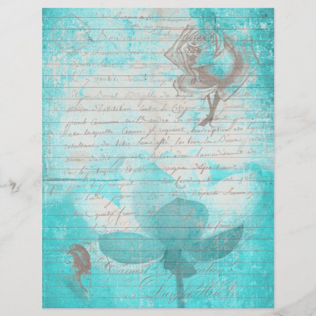 Papier Mint blue old handwritting paper and flowers (Devant)