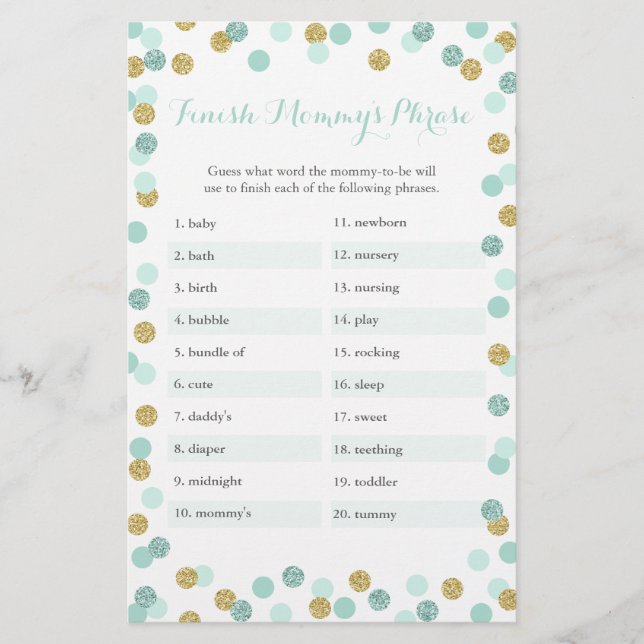 Papier Mint & Gold Baby shower Finish Mommy's Phrase Game (Devant)