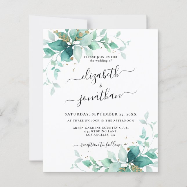 Papier Mint Green Budget Gold Faire-part de mariage de ve (Devant)