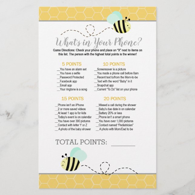 Papier Mint Green Bumble Bee Baby shower Téléphone Jeu (Devant)